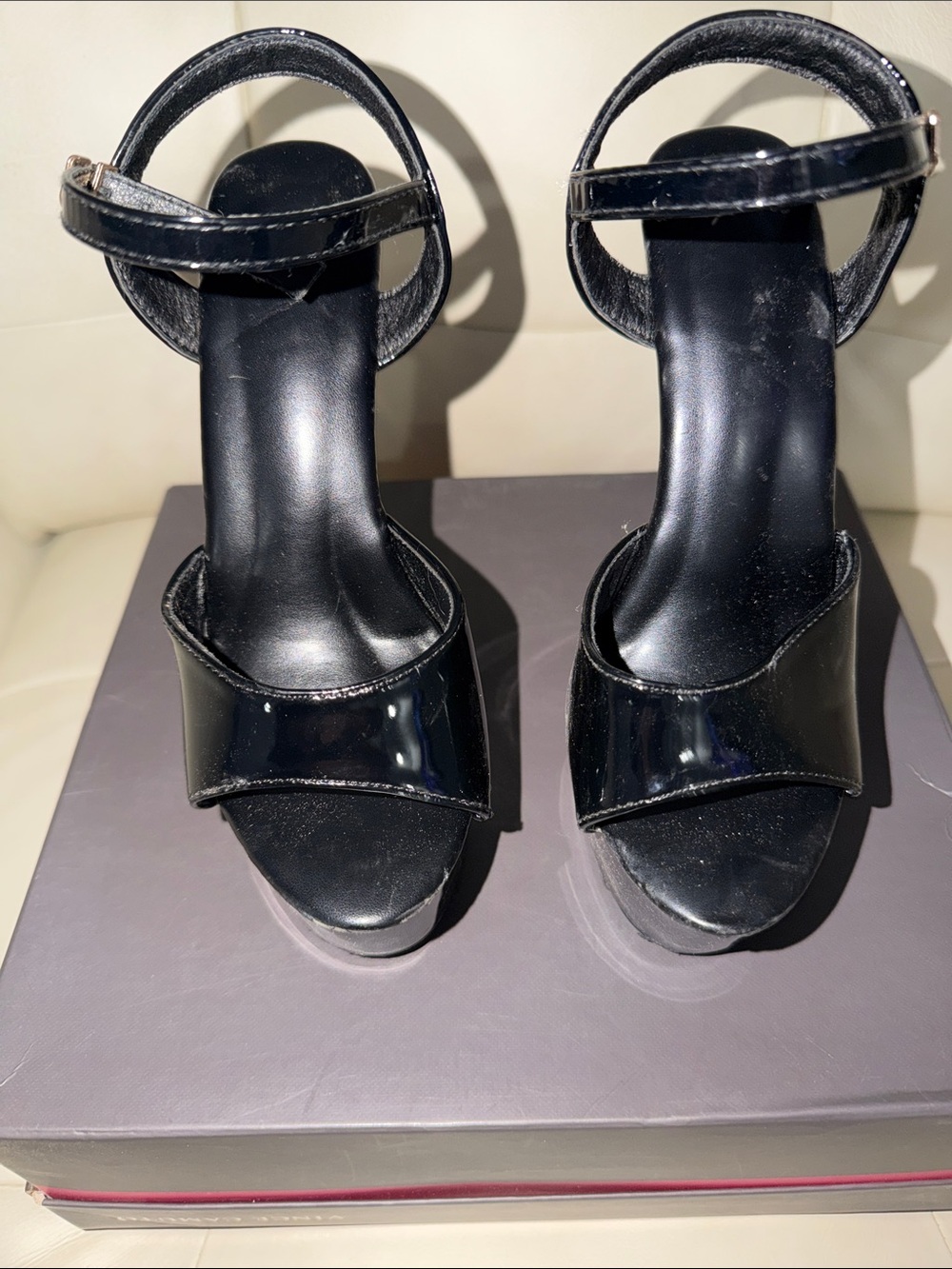 Women's Black Patent Ankle-Strap Platform Heels
